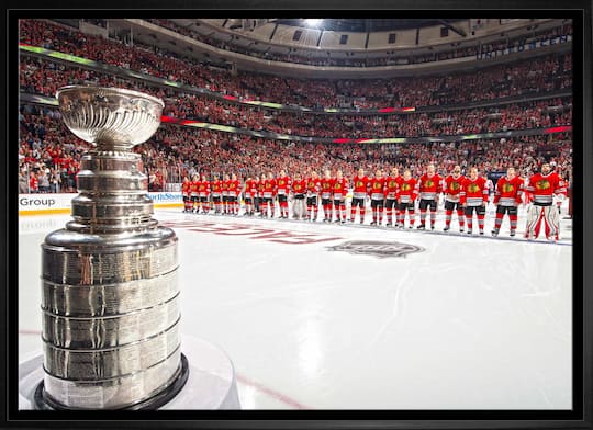 Chicago Blackhawks Framed 20" x 29" Stanley Cup In Foreground Canvas 31" x 22"